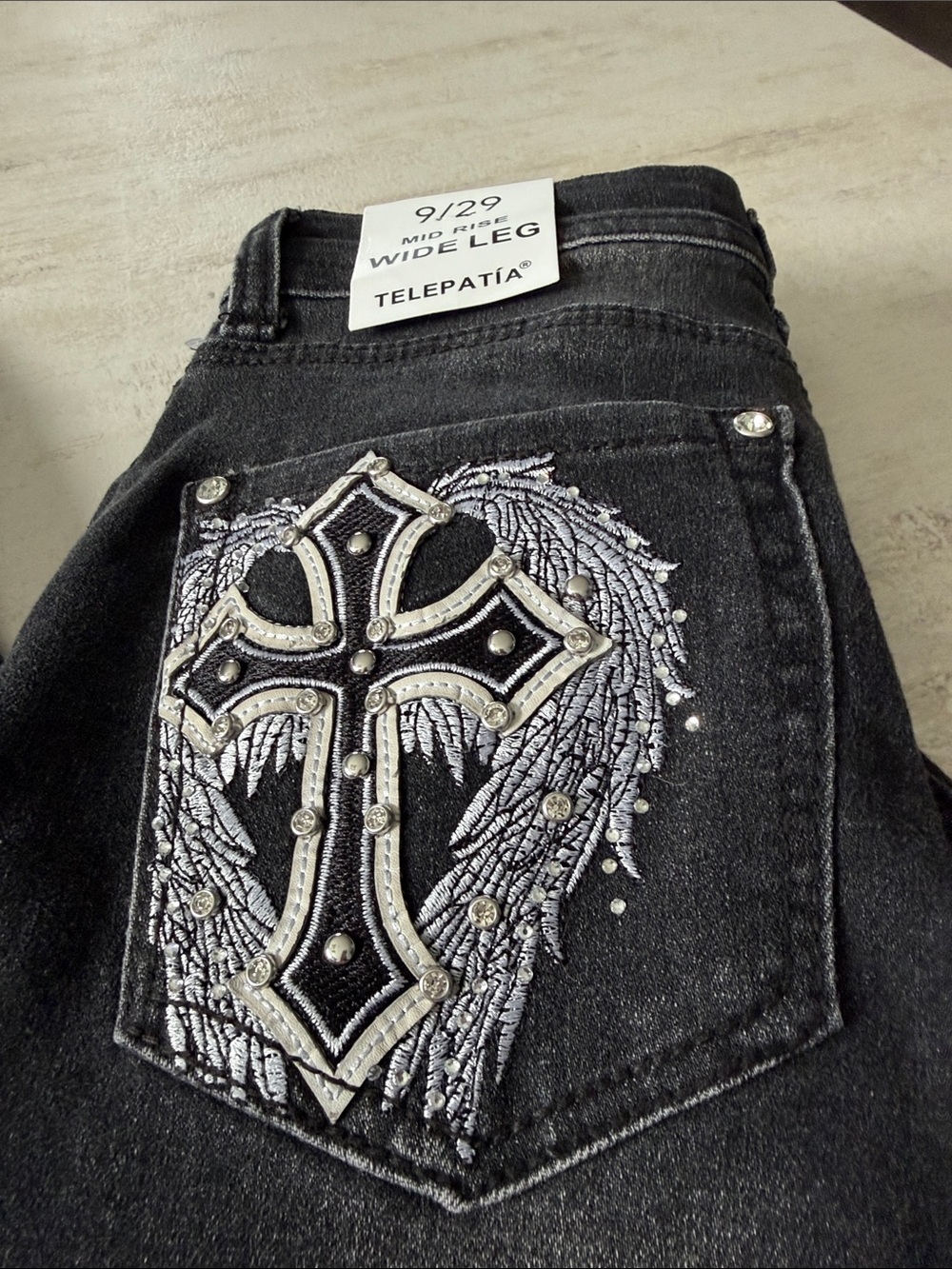 Telepatía Women's Black Wide Leg Jeans with Embroidered Cross Pocket